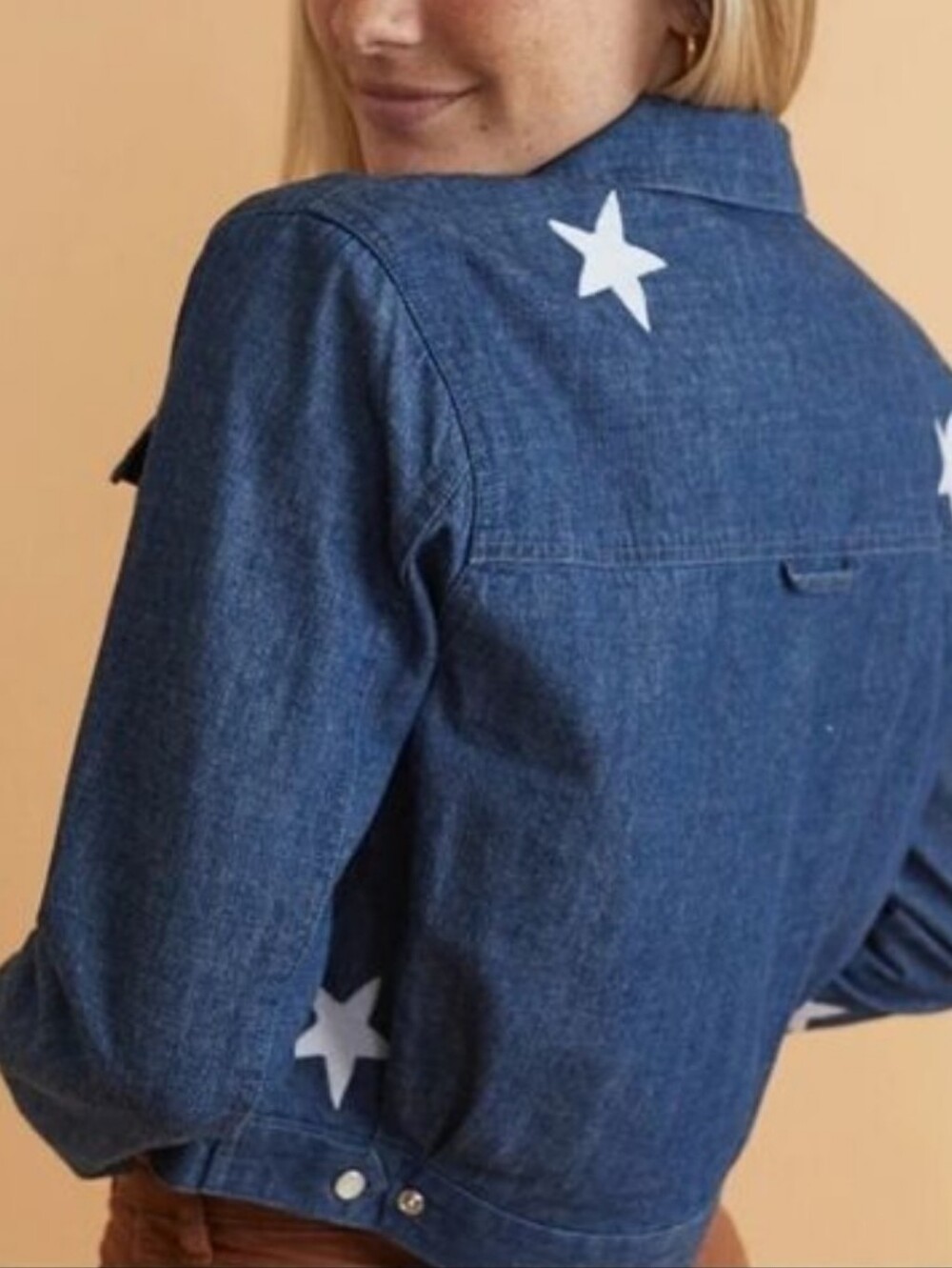 Marine Layer Embroidered Cropped Jacket in Indigo Stars Blue White-Size Small